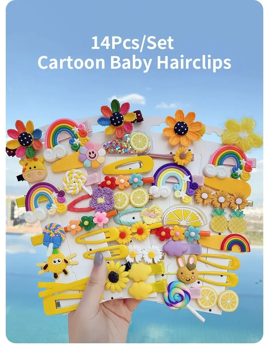 14Pcs Cartoon Baby Hair Clip Set Flower Fruit Girl Barrettes Bangs Hairpins Kids Accessories 250117