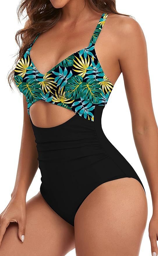 One piece splicing sexy hollow out women's swimsuit cross leopard print strap bikini