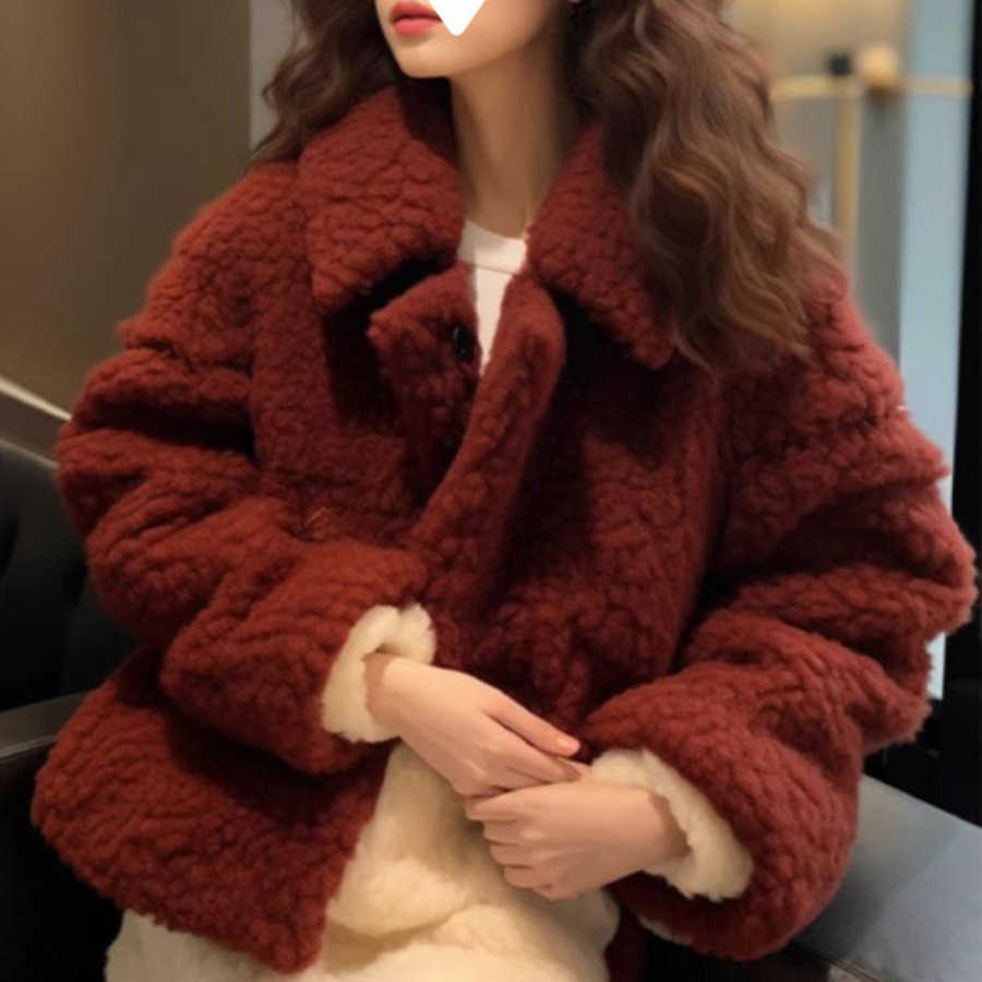 Red Lamb Fur Short Coat for Women in Winter New Fur Integrated Plush Cotton Jacket Women Jackets Coat Woman Fur 241209