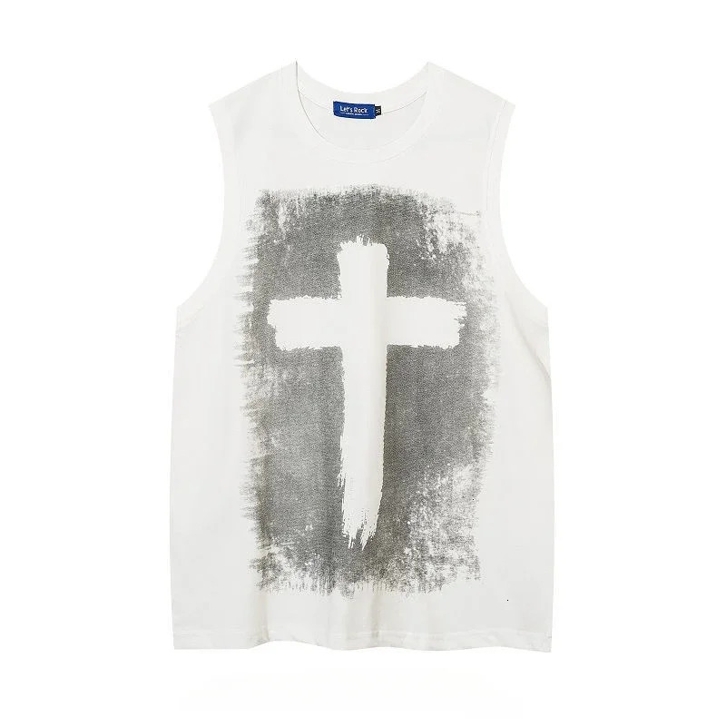 Floral vest trend high street American retro loose casual mens summer round neck sleveless shortsleeved Gothic cross print vest 250108