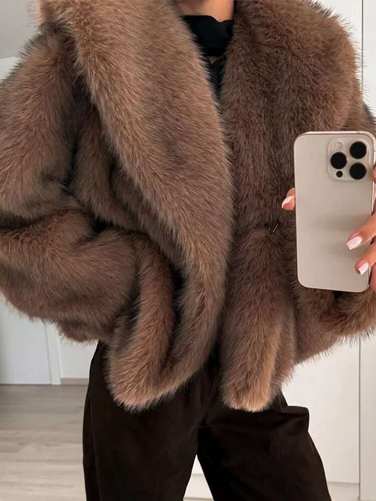 Retro Plush Bury Bomber Jacket Solid Crop Long Sleeve Outerwears Brown Oversized Lapel Faux Fur Women Woman Casual Coat