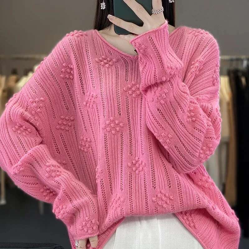 Women's Pullover Sweater 2024 Autumn Winter Hollow Out V-Neck Ladies Knitting Jumper Loose Age Reduction Female Bottoming Tops