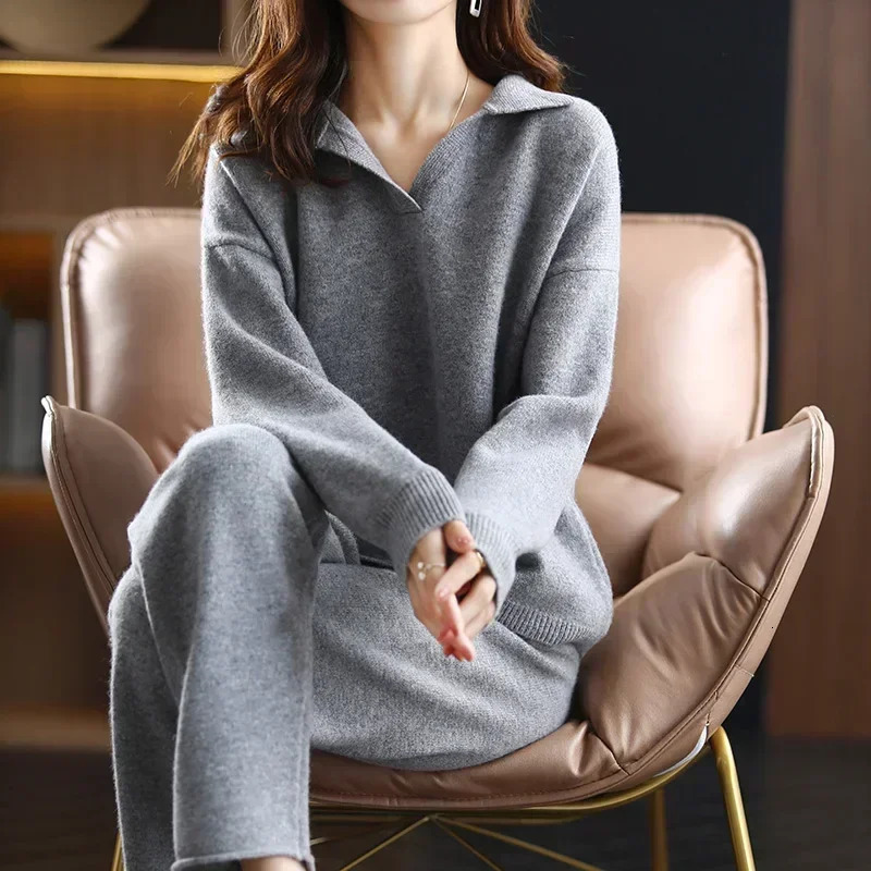 Winter Cashmere Suit Women Loose Lapel Sweater Temperament Casual Wide-leg Pants Knitted 100% Pure Wool Two-piece Suit 250113