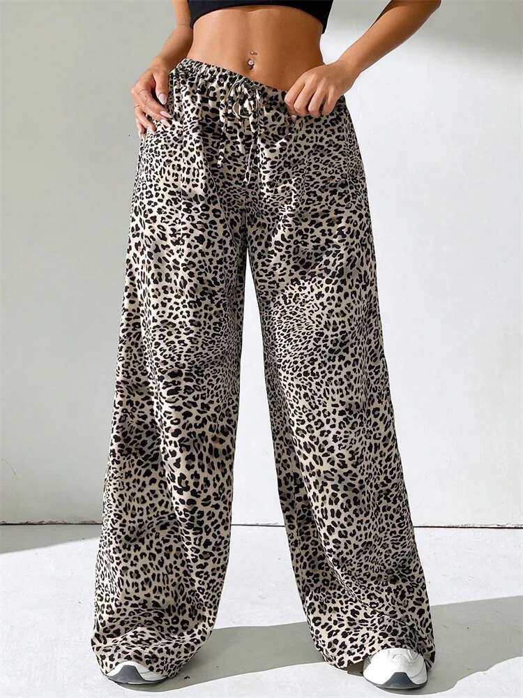 Women's Leopard Printed Long Pants Autumn Winter 2024 Vintage Drawstring Elastic Waist Loose Trousers Streetwear