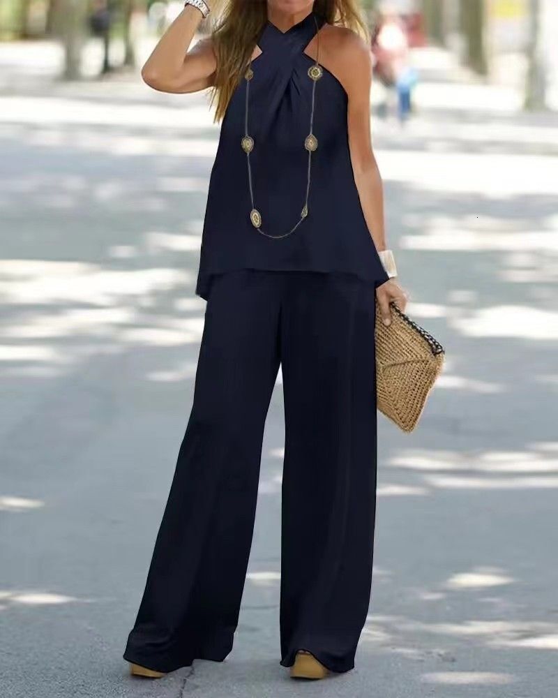 Women's New Fashion Casual Backless Solid Color Sleeveless Wide-Leg Pants Two-Piece Suit