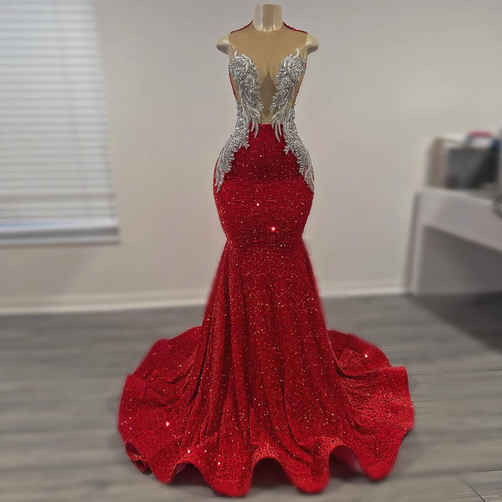Luxury Red Sequined Prom Dresses 2025 Diamond Sparkly Black Girls Long Gala Party Gowns