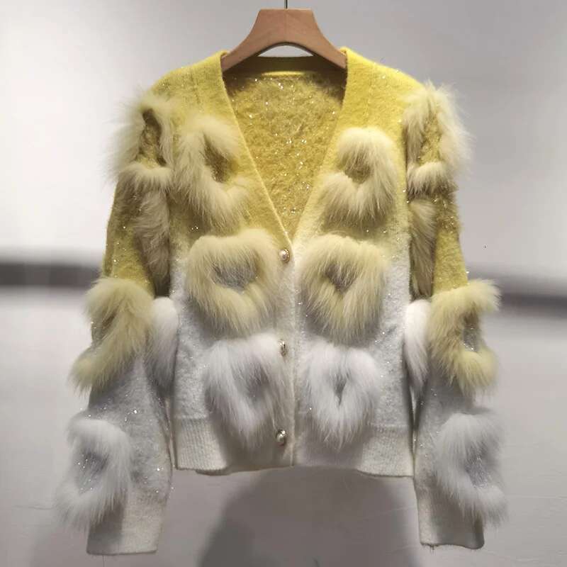 Women Lovely V-Neck Knitted Cardigan With Real Fox Fur Trim Loose Love Sewed Female Long Sleeve Warm Hit Color Sweater