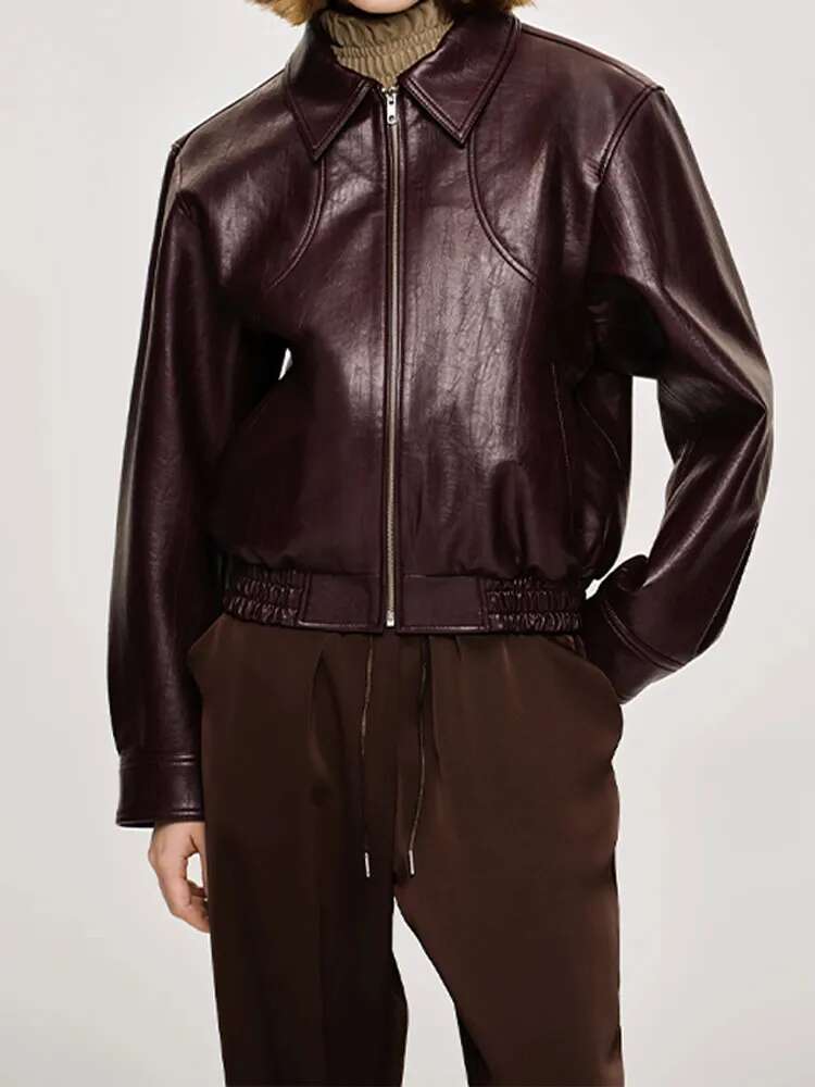 Vintage Solid Color Lapel Zipper Leather Jacket Casual Long Sleeved Elastic Short Women Coat Fall Commuting Street Outerwears