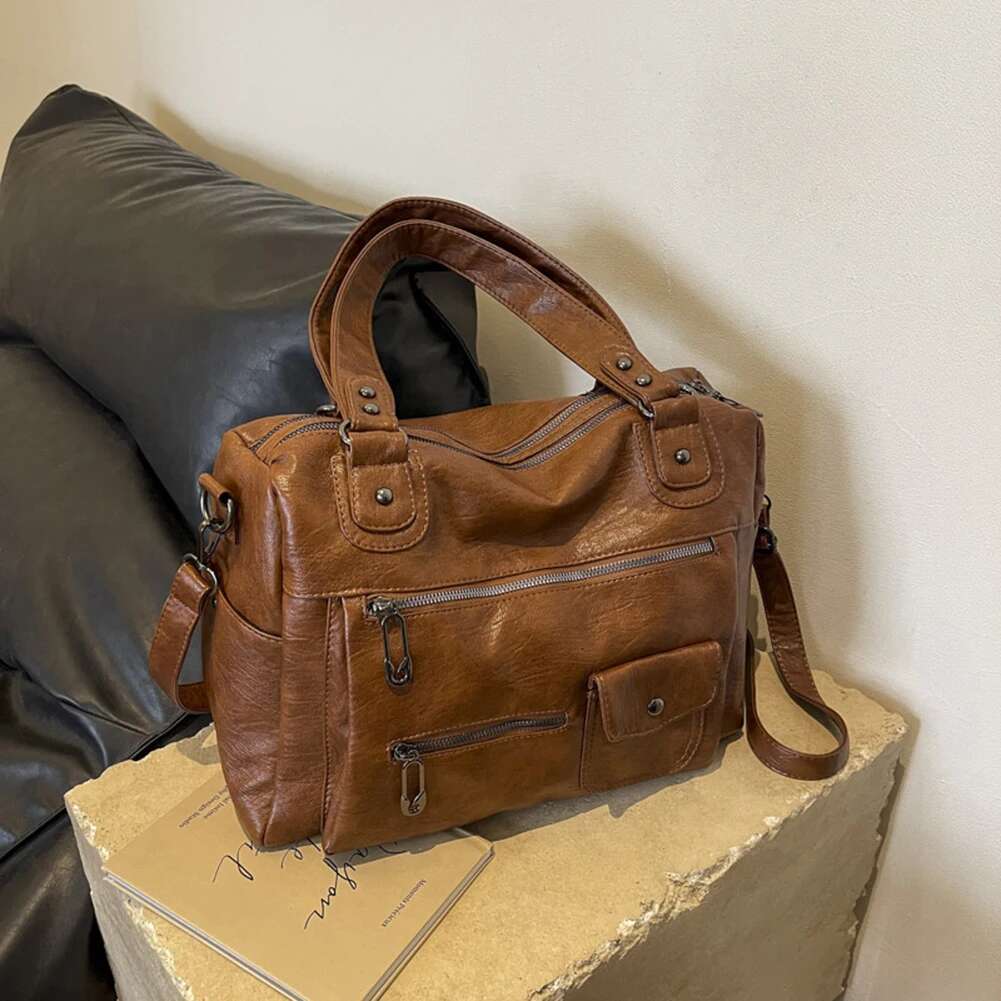 Women Casual Satchel Solid Color PU Leather Stylish Handbag Large Capacity Multi Pocket Tote Shopping Bag