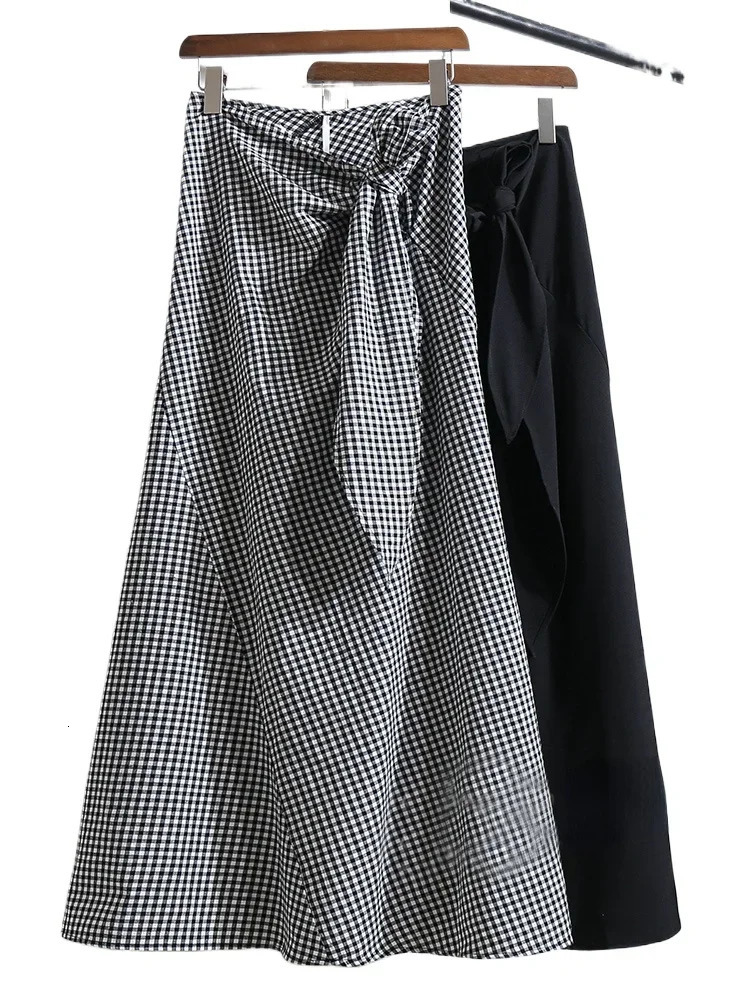 Korean Bowknot Laceup Aline Skirt for Women Summer Black White Plaid Female Elegant Womens Long High Waist 250108