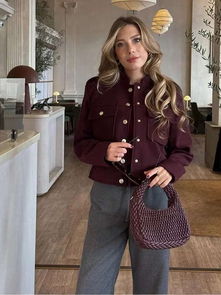 Bury Casual Multi Pockets Cropped Jacket Women Fashion Single Breasted Long Sleeve Short Coats 2024 New Lady Chic Outerwears