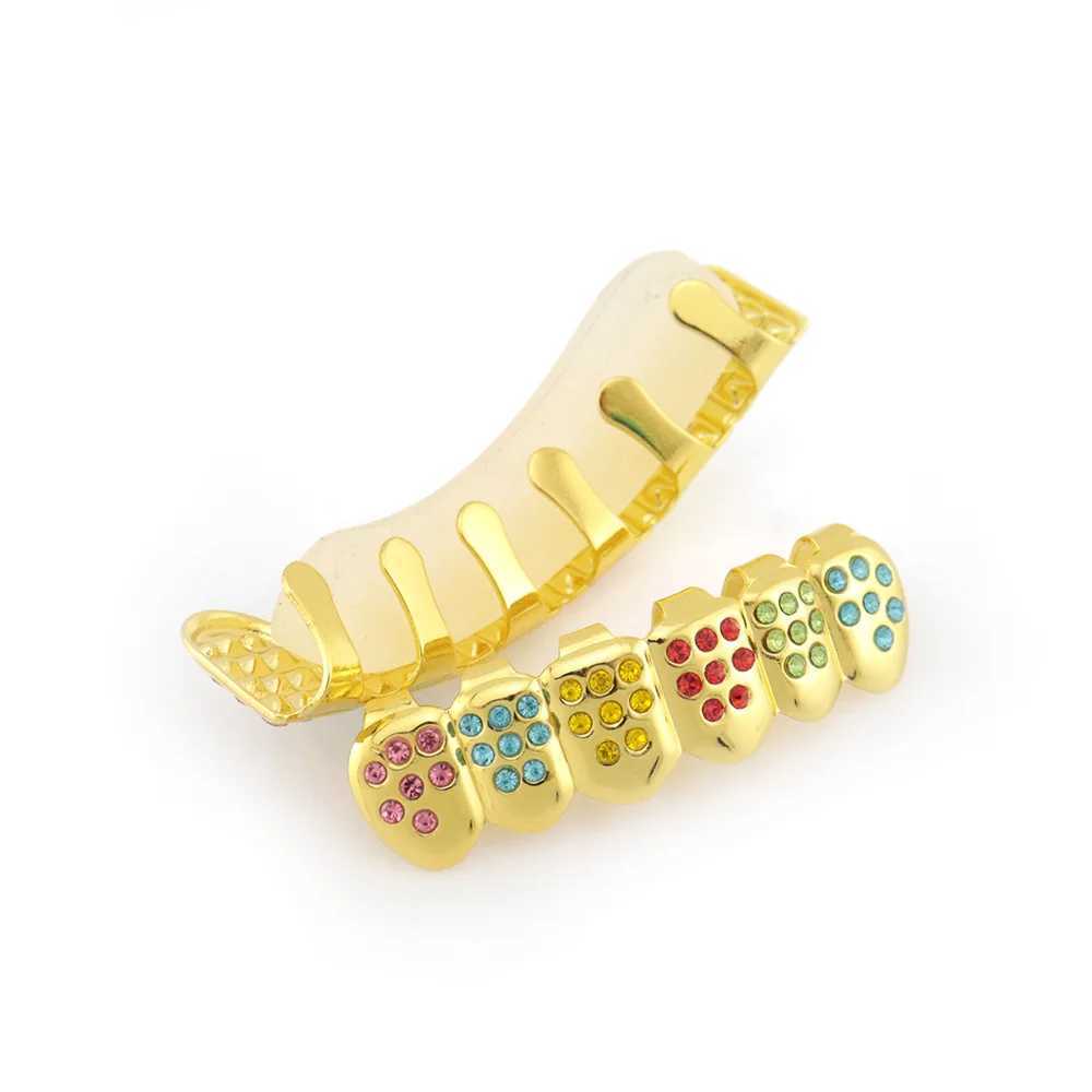 Full Multi Color CZ Stones Teeth Grillz Caps Cubic Zircon Iced Out Micro Pave Top Bottom Charm Grills Set For Men JewelryXJ250114