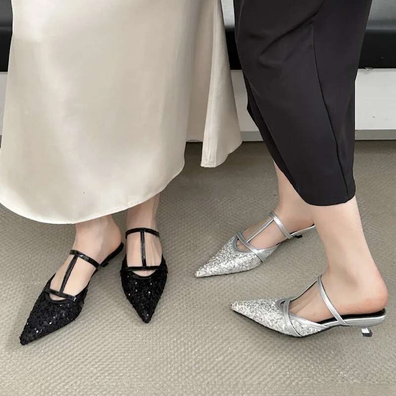 Summer Pointed Toe Mules Women Low Heel Shiny Dress Shoe Female Shallow Comfy Fashion Sgback Sandals Atos De Mujer