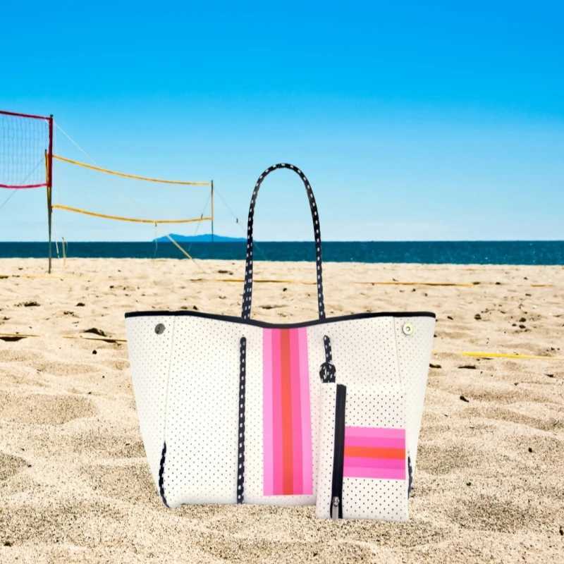 New Arrival Hot selling striped printed womens travel handbag large handbag chloroprene rubber womens perforated beach handbag Z250118