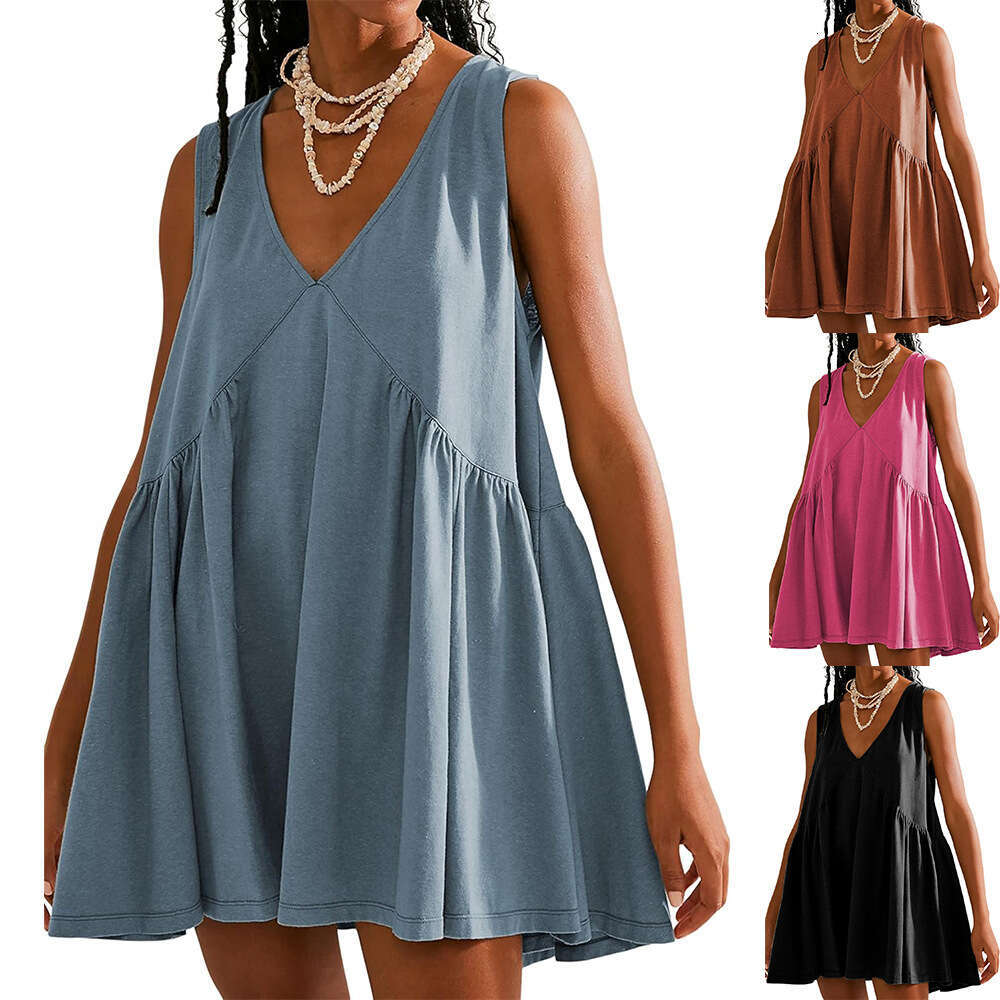 2025 Summer European and American Popular Folding Pocket V-neck Dress Women's New Casual Versatile Fashion Clothing