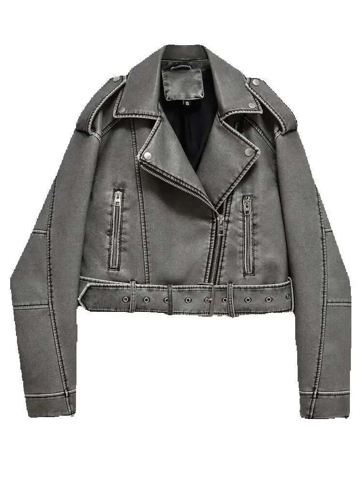 Women Autumn Winter Loose Gray PU Faux Leather Short Jackets Belt Female High Street Zipper Retro Moto Biker Coats Outwear Xs-Xl