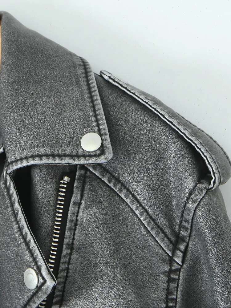 Women Autumn Winter Loose Gray PU Faux Leather Short Jackets Belt Female High Street Zipper Retro Moto Biker Coats Outwear Xs-Xl