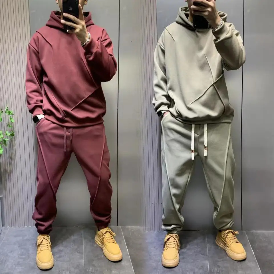 Autumn Winter Youth Tracksuit Solid Hooded Sweatshirt Sweatpants Casual Set Mens Fashion Versatile Shirt Two-piece Set Handsome 250109