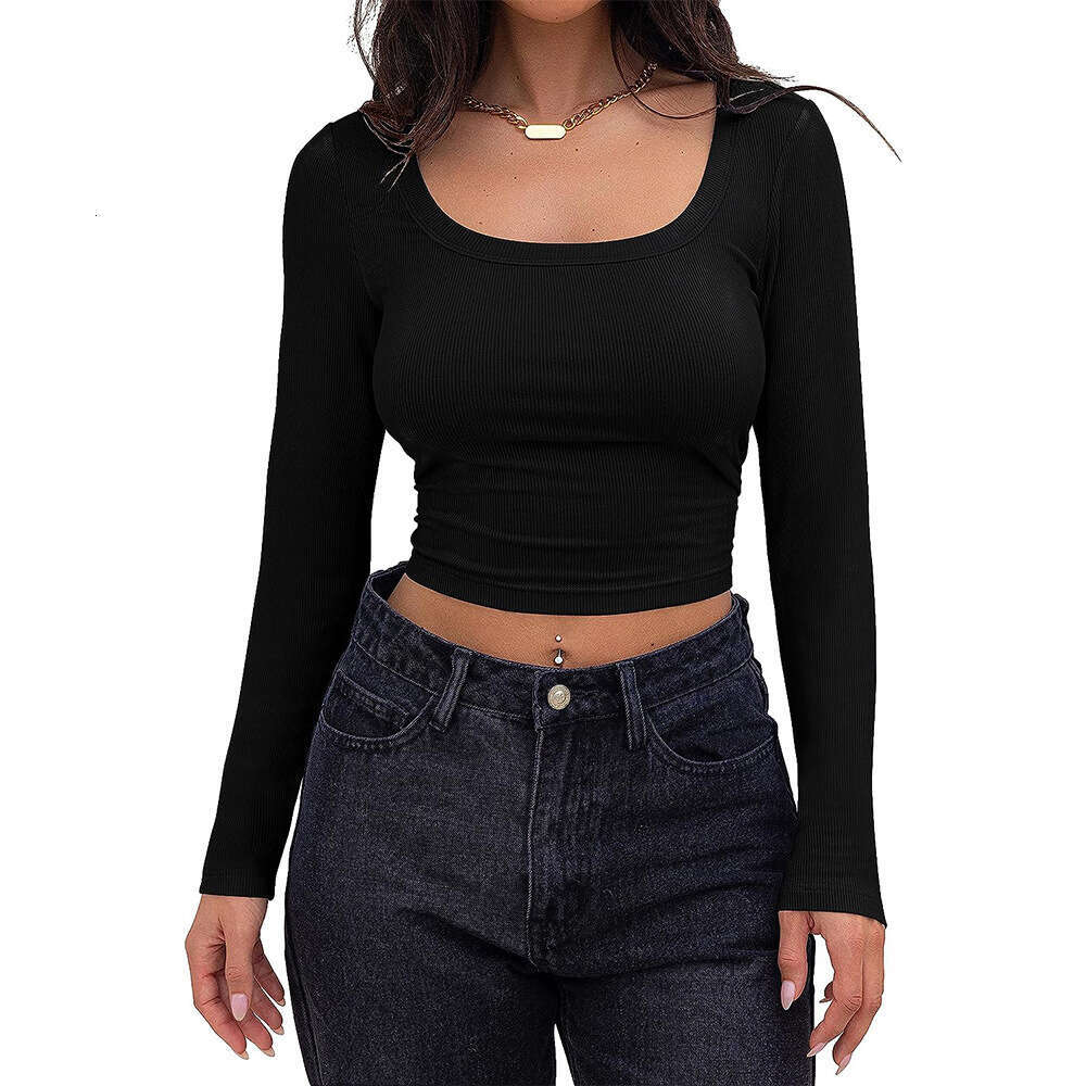 2025 popular European and American thread groove strip slim fit short style long sleeved square neck T-shirt with feminine temperament versatile new t