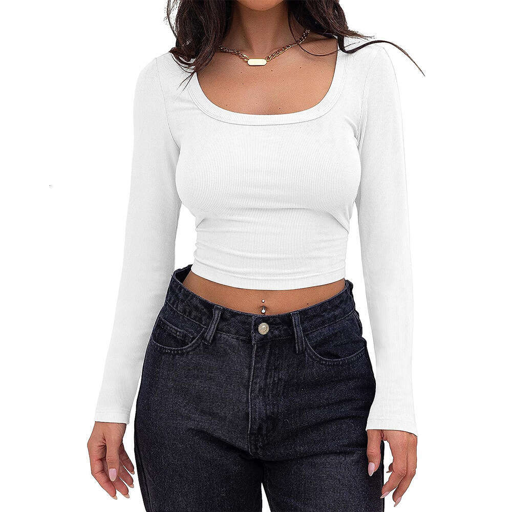 2025 popular European and American thread groove strip slim fit short style long sleeved square neck T-shirt with feminine temperament versatile new t