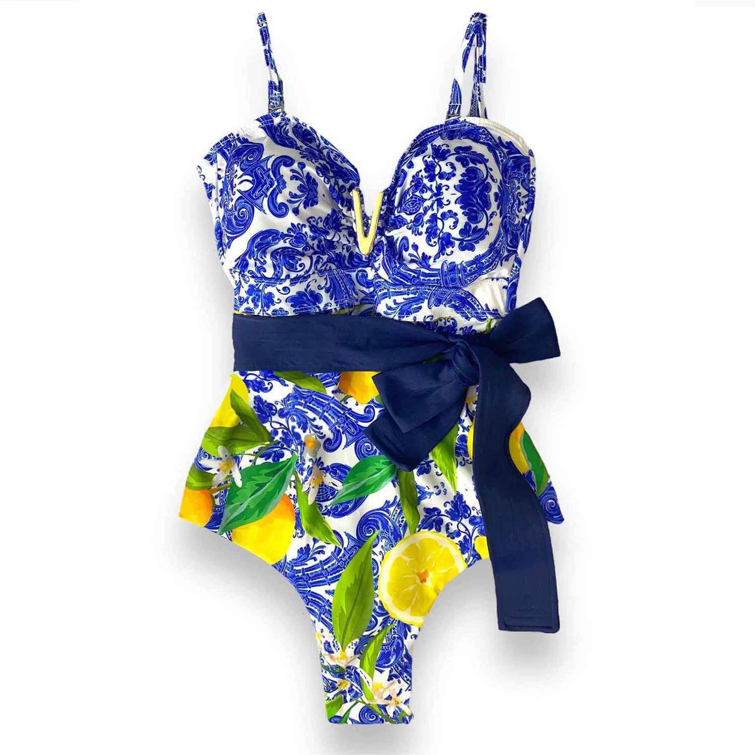 2025 New Sexy V-Neck One Piece Swimsuit Belt Swimwear Women Ruffle Monokini Push Up Swim Colorful Bathing Suit Female Beach