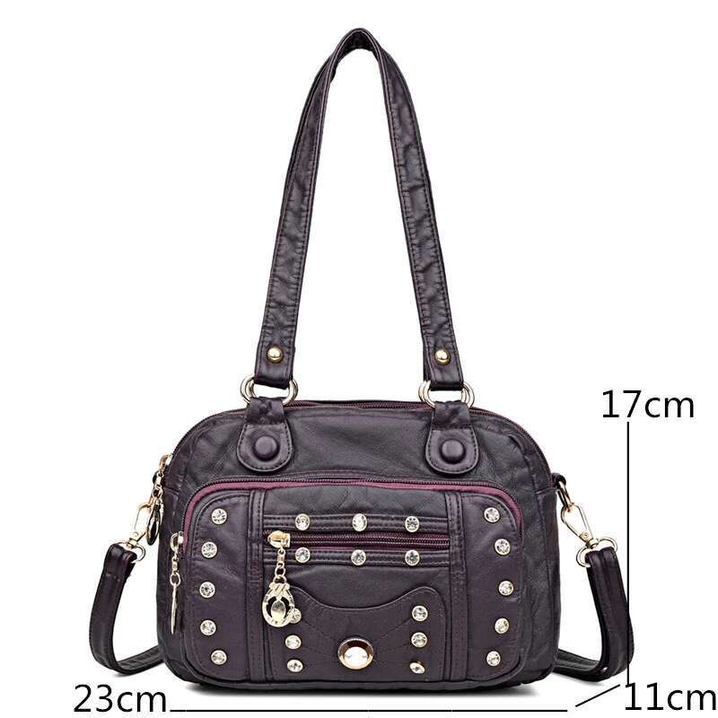 High Quality Soft Leather Multiple Pockets Women Handbags Small Female Shoulder Messenger Bags Designer Rivet Ladies Tote