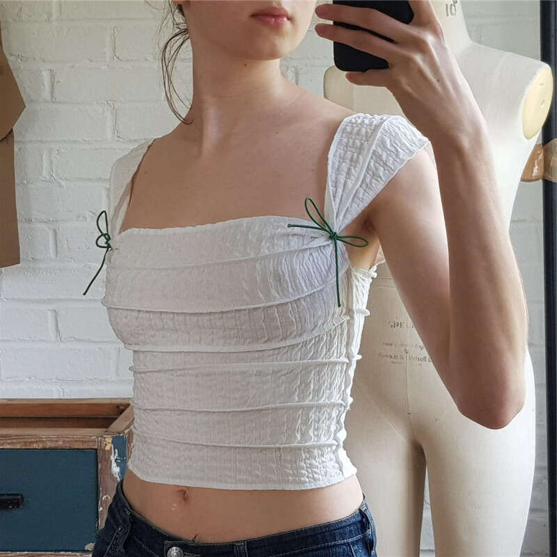 2025 summer fashionable sexy exposed navel square collar striped pleated slim fit short sleeveless vest new style chic and elegant clothing