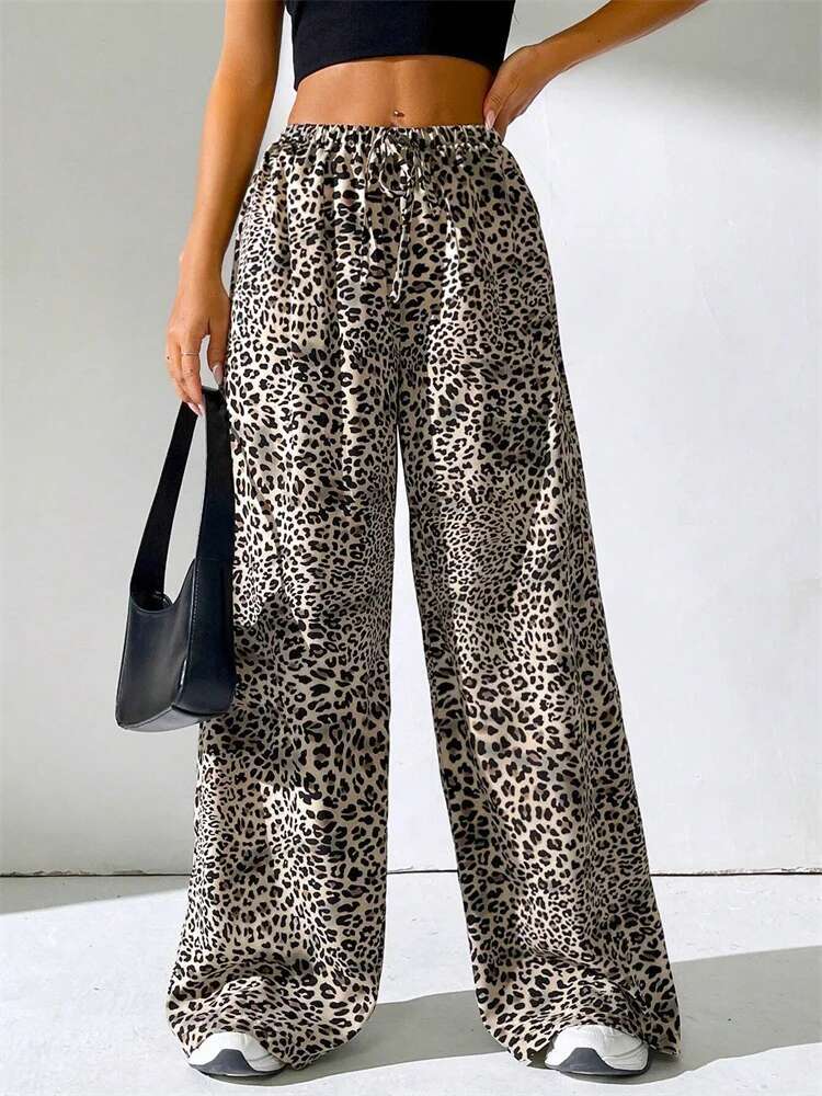 Women's Leopard Printed Long Pants Autumn Winter 2024 Vintage Drawstring Elastic Waist Loose Trousers Streetwear