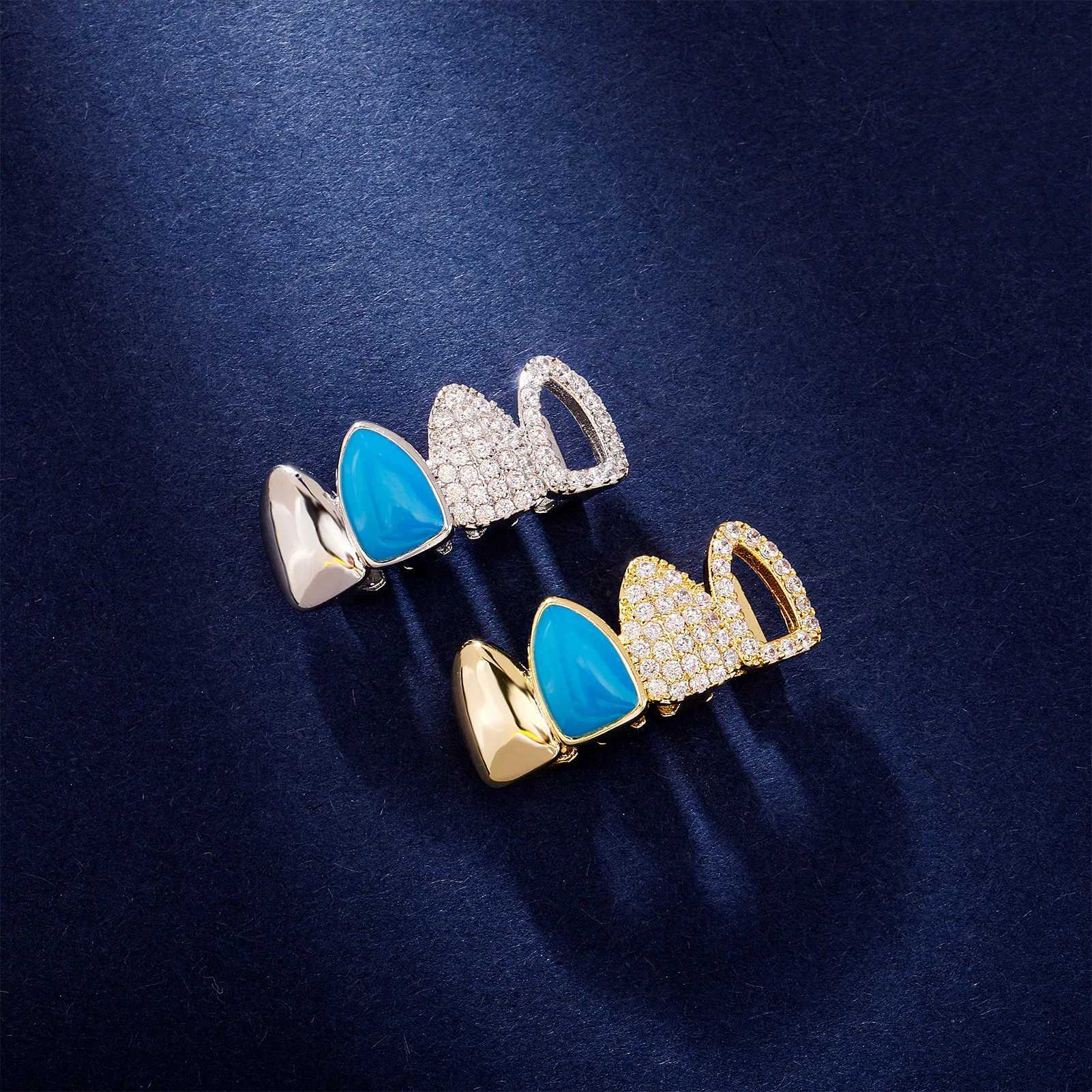 Hip Hop Double Blue Drip Oil Hollow Zircon Teeth Grillz 14K Gold Plated CZ Stone Tooth Caps For Women Men Couple JewelryXJ250114