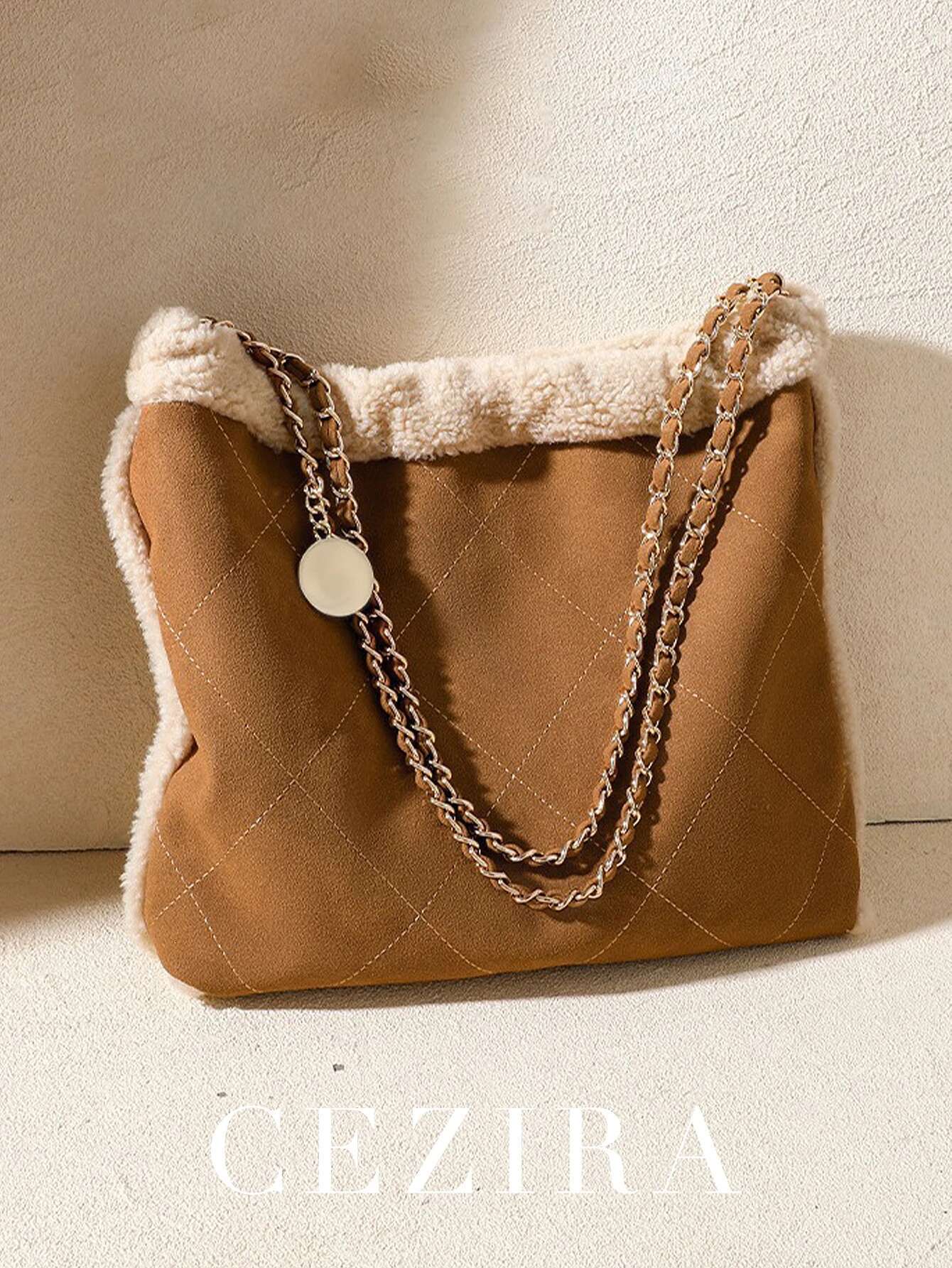 Winter Women's Fashion Large Casual Shoulder Bag Faux Plush Quilted Argyle Thread Chain Strap Handbag Commuting Travel