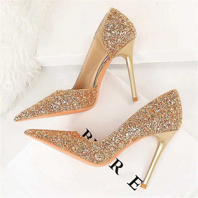 Women 7Cm 10.5Cm High Elegant Blue Pumps Sexy Sequins Bg Mid Heels Lady Scarpins Stiletto Sparkly Party Shoes