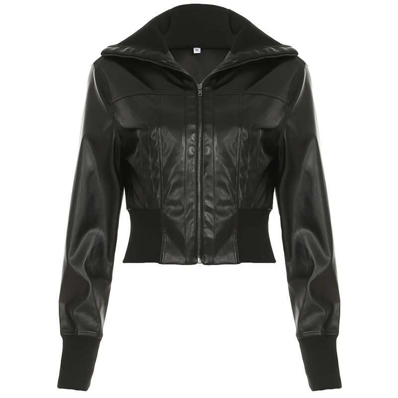 CIBBAR Punk Style Black Leather Jacket Full Zip-Up Turtleneck Long Sleeve Cropped Jackets Women Streetwear Patchwork PU Coat Y2k