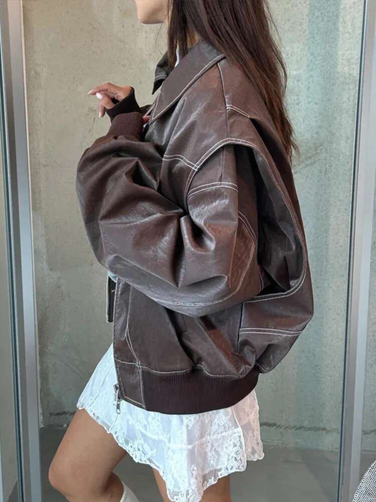 Fashion Patchwork Lapel Long Sleeve Coats Vintage Red Zipper Leather Jacket For Women 2024 Autumn Winter Female Casual Outerwear