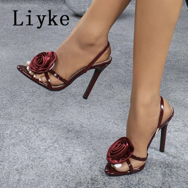 Liyke 2025 Summer Open Toe Slip On Back Strap Sandals Women Fashion Rose Wers Designer High Heels Ladies Party Dress Shoes