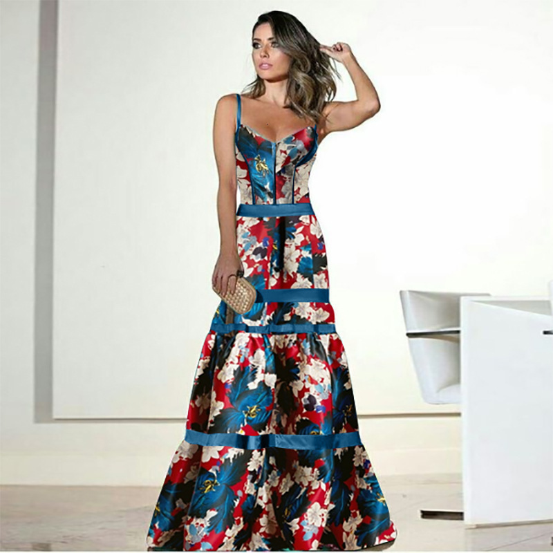 Women Dress Ruffles Lantern Sleeve V-neck Print Dresses Plus Size Long Vintage Sexy Printing Fashion 210513