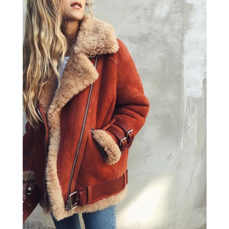 Women's Clothing Popular Motorcycle Deerskin Veet Lambswool Women's Lapel Fur Cotton Coat 0055