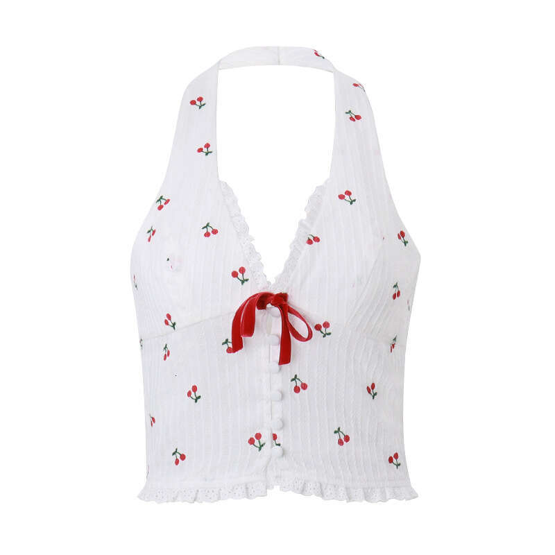 European and American style women's summer fashionable temperament sexy V-neck hanging neck cherry print fungus edge vest 2025 new casual fashion
