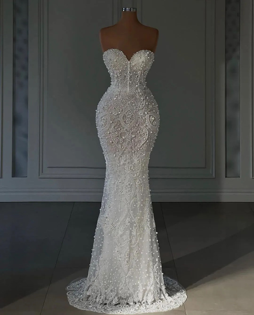 Elegant Prom Dresses Sleeveless Strapless Sweetheart Appliques Sequins Beaded Pearls Evening Dresses Lace Floor Length Evening Dress Plus Size Custom 