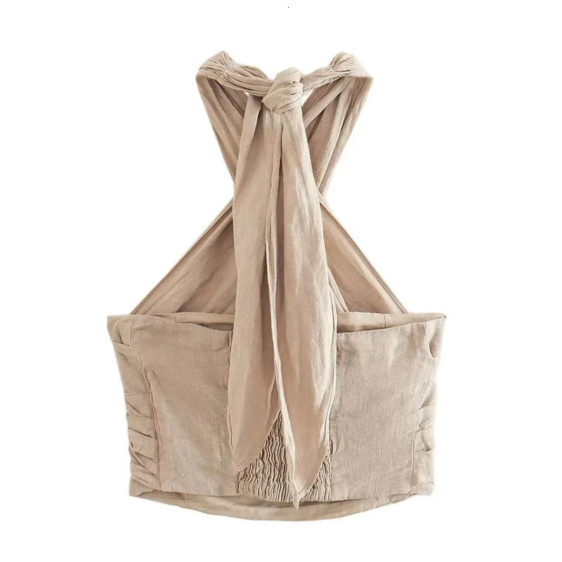 TRAF Linen Halter Top Summer Tops For Women Crop Backless Sleeveless Sexy Top Females Elegant Fashion Top Trend 250115
