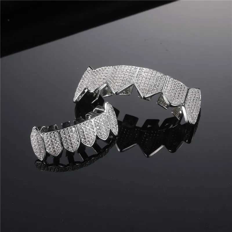 D Z Trendy Cubic Zirconia Grills Set Silver Color Teeth Grills Hip Hop Halloween Iced Out Top Bottom Dental Grills Body JewelryXJ250114