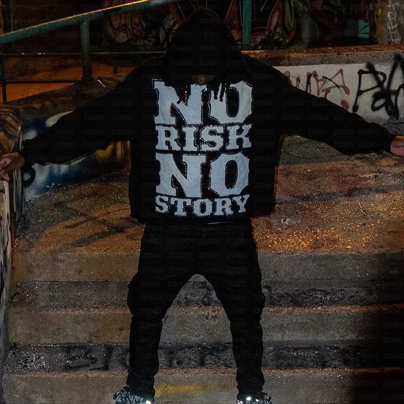 Letter Printed Men Hoodie Punk Retro Long SLeeved Jacket Top Women Sportswear Y2K Clothes Rhinestone Pullover Sweatshirt W250117
