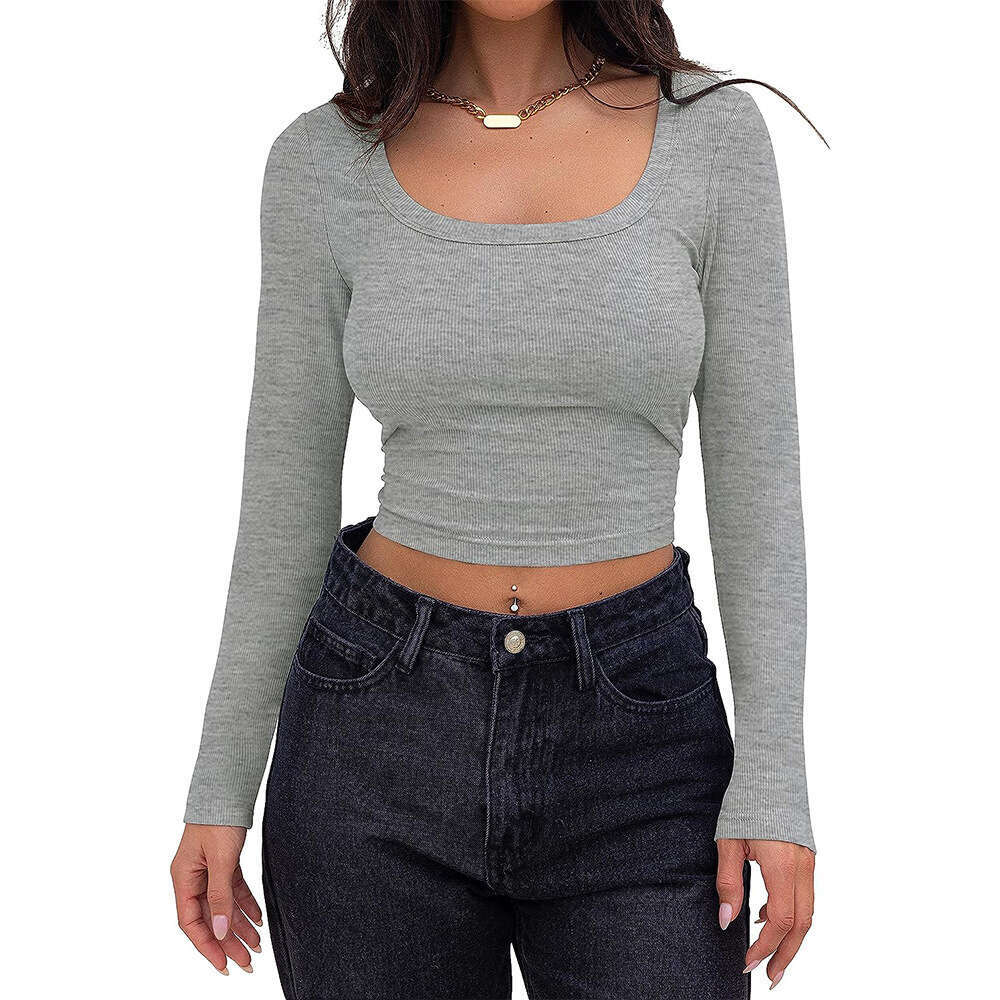 2025 popular European and American thread groove strip slim fit short style long sleeved square neck T-shirt with feminine temperament versatile new t