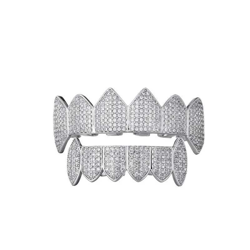 D Z Trendy Cubic Zirconia Grills Set Silver Color Teeth Grills Hip Hop Halloween Iced Out Top Bottom Dental Grills Body JewelryXJ250114