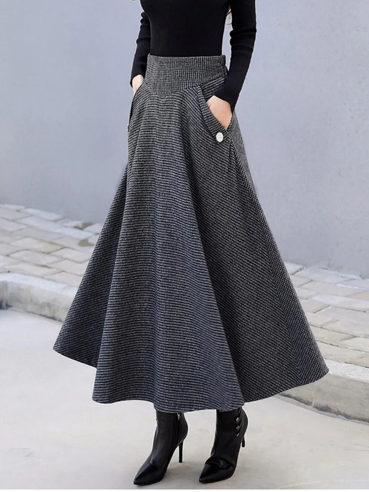 High Waist Vintage Houndstooth Plaid Warm Wool Long Skirt For Women Elegant Casual Big Swing ALine Saias Longas Female 250108
