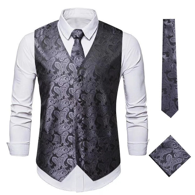 Elegant Mens Paisley Jacquard Vest 3pcs Waistcoat with Tie Pocket Square Set for Male Sleeveless Jacket Wedding Business Party 250114Z