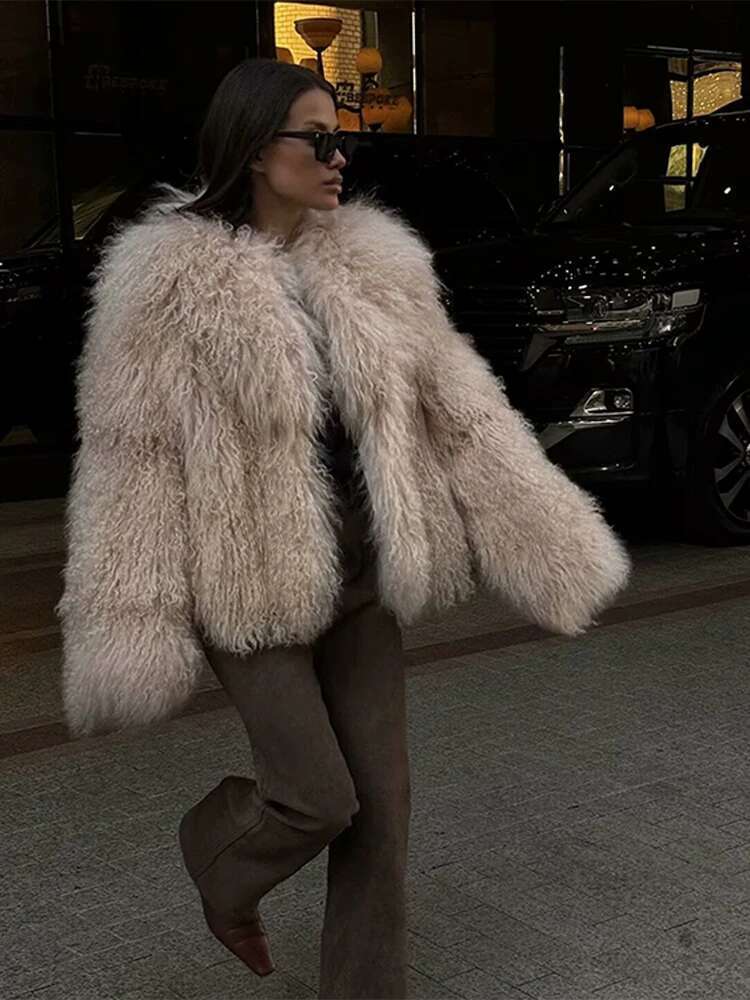 Faux Fur Effect Short Coat Jacket Khaki French Socialite Loose Furry Overcoat Elegant Slimming Outwear Women's Clothing Winter