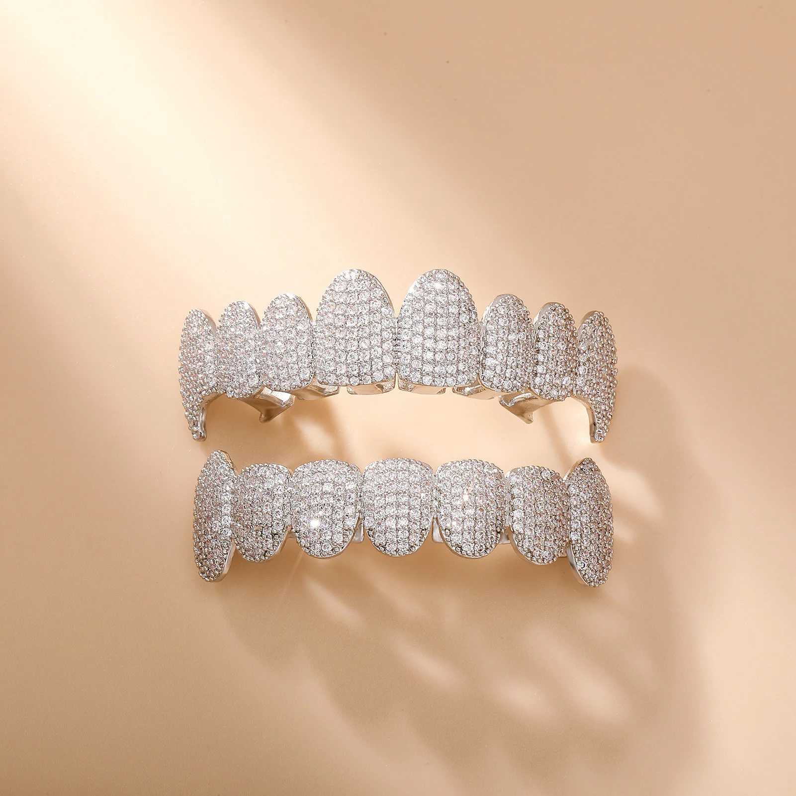 RACHELZ 8/8 Full Cubic Zircon Teeth Grillz Hip Hop 14K Gold Plated Fangs Tooth Caps Dental Grills For Women Men Body JewelryXJ250114