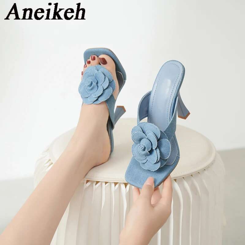 Aneikeh New Denim Wers Clip Style High Heels Sandals Summer Square Toe Slip On Fashion Designer Ladies Shoes Size 35-42