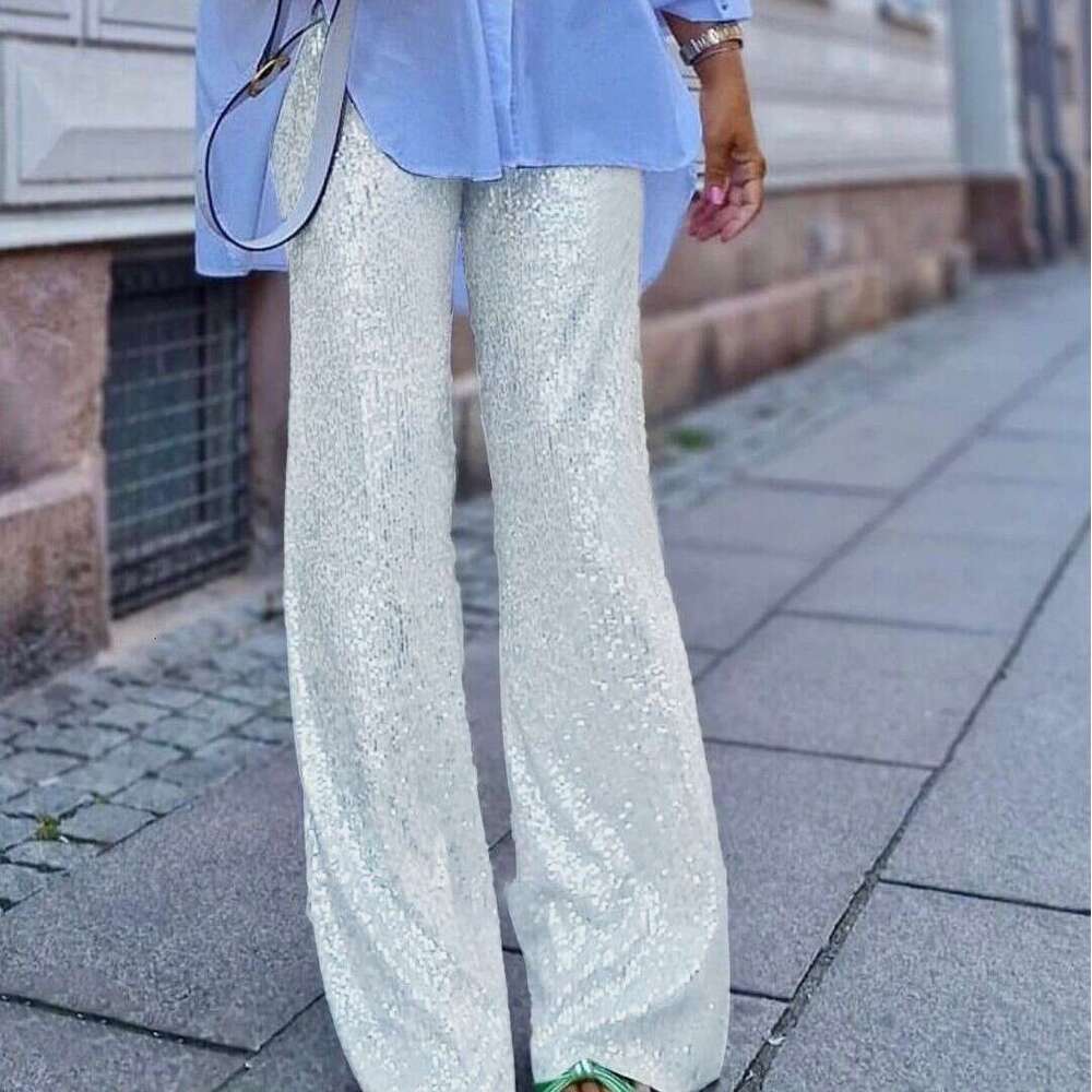 European and American women's hot selg solid color sequins fashionable casual straight leg pants 2025 temperament versatile new trend clothing in