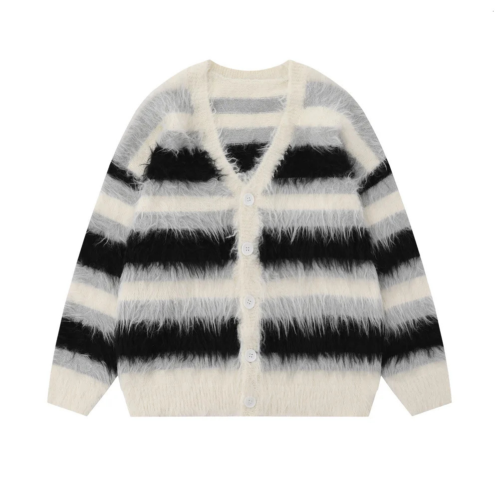 Striped Plush V-neck Sweater Mens Loose Casual Brushed Knit Trendy Couple Versatile Comfortable Harajuku High Street Cardigan 250116